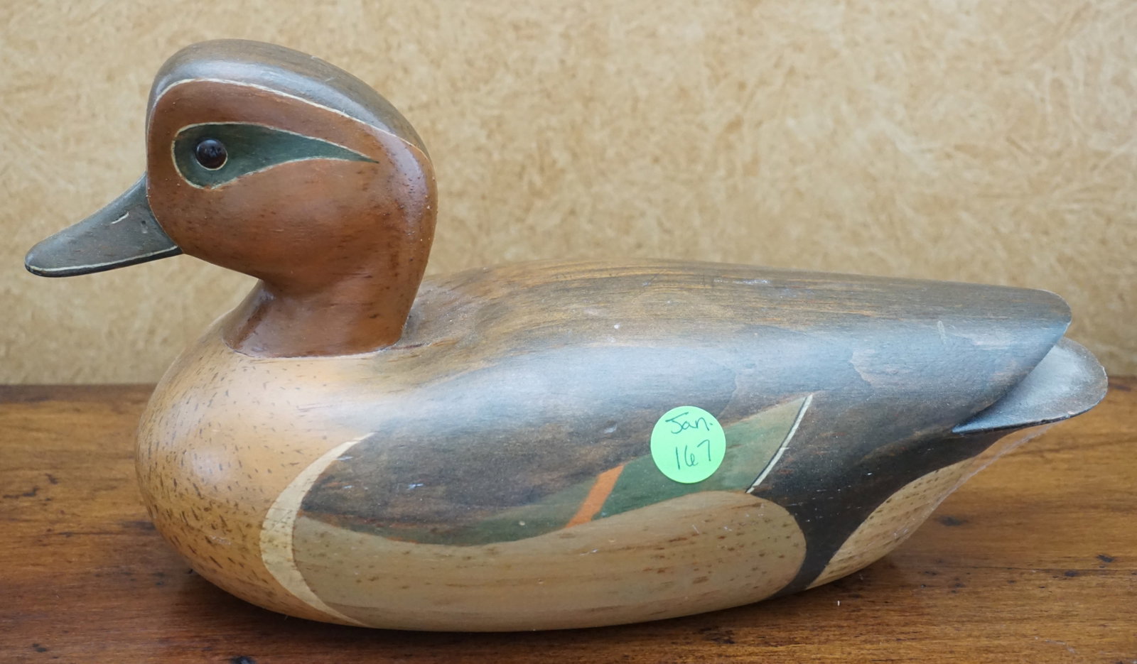 SIGNED DUCK DECOY LAMOUREUX: Hand Carved and Hand Painted Duck Decoy, Glass Eyes. Signed Lamoureux and dated 6-5-93. Length 11". Weight 1 pd 10 oz. PROVENANCE: A Society Street, Charleston Private Estate.
