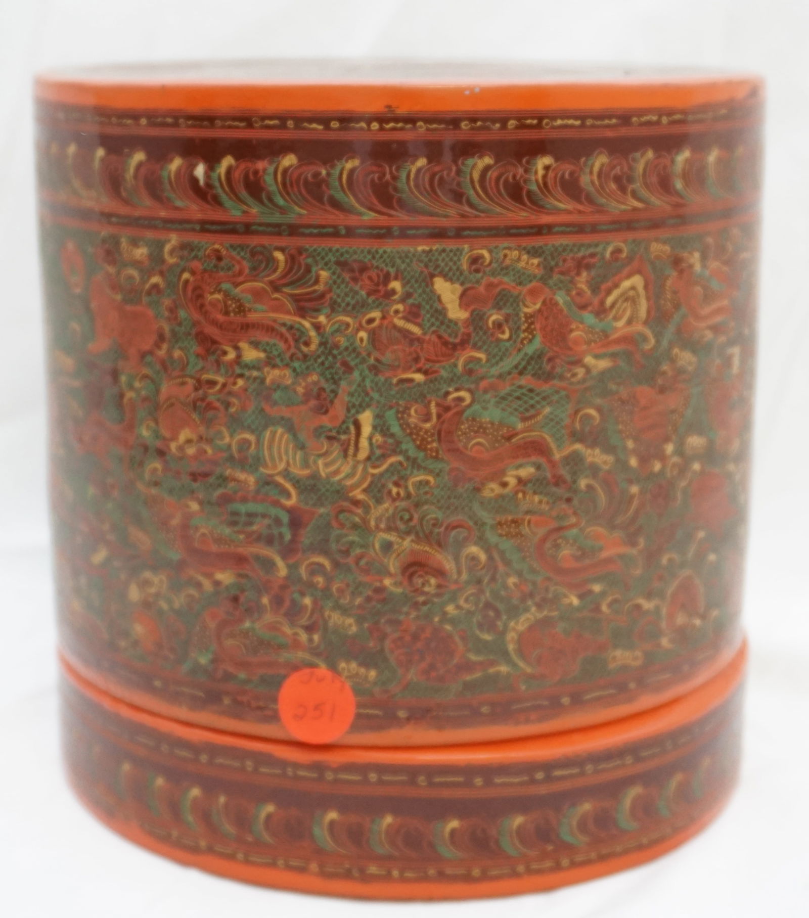 LARGE BURMESE LACQUER BETEL BOX: Burmese antique lacquerware betel box. Individual Betel Box authentic Burmese Folk Art know as Kun- It, Mandalay Period. A lacquered cylindrical body of woven turned Bamboo decorated by incised lacque