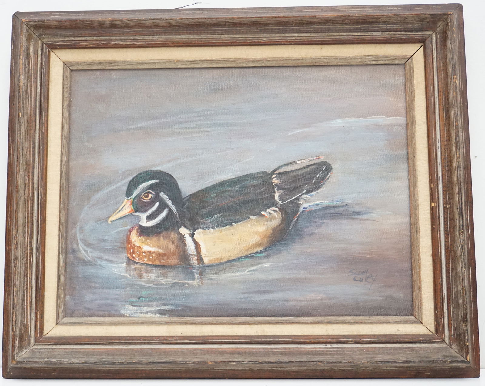 VINTAGE WOOD DUCK ON CANVAS SIGNED: Vintage Wood Duck Oil on Canvas, signed right Coley. Wood Frame with linen liner, 21"x17"x2". Weight 3 pds.
