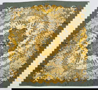 HERMES PARIS "LUNA PARK" SILK SCARF: HERMES PARIS silk “Luna Park” scarf. The scarf features a rich carousel theme with gilded horses. Textured Jacquard silk, beige green and golden colors. Drawn, first edition in 1993 by Joa