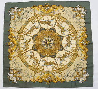 HERMES PARIS "LUNA PARK" SILK SCARF: HERMES PARIS silk &#8220;Luna Park&#8221; scarf. The scarf features a rich carousel theme with gilded horses. Textured Jacquard silk, beige green and golden colors. Drawn, first edition in 1993 by Joa