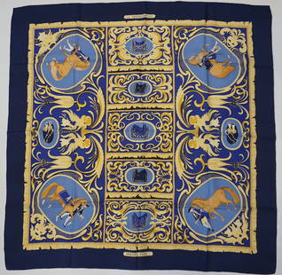 HERMES PARIS "LA PRESENTATION" SILK SCARF: HERMES PARIS silk "La Presentation" scarf. The scarf features different styles of riding saddles in the center, and four horses being presented by their riders in each corner. Numerous golden details