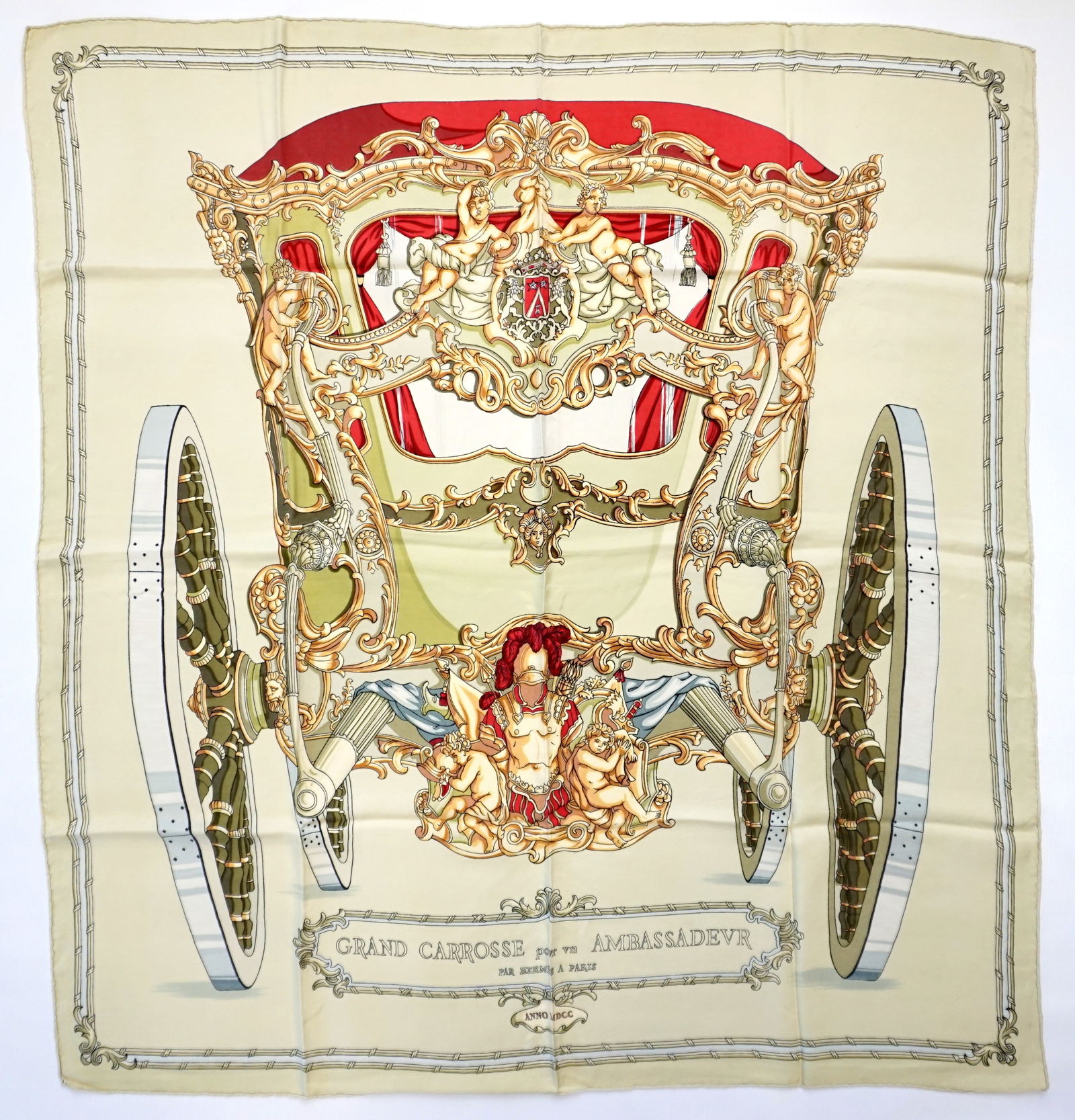 HERMES PARIS "GRAND CARROSSE POUR UN AMBASSADEUR" SILK SCARF: HERMES PARIS silk “Grand carrosse pour un ambassadeur” scarf. The scarf captures the essence of a magnificent carriage meant for an ambassador. Meticulously detailed, it portrays the opule
