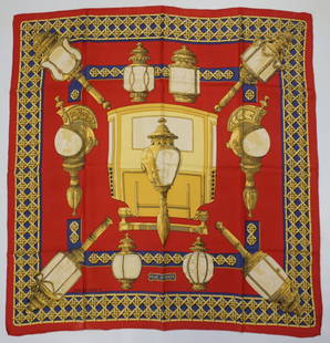HERMES PARIS "FEUX DE ROUTE" SILK SCARF: HERMES PARIS silk “Feux de route” scarf. The scarf features depictions of lanterns with delicate filigree work, intricate glass panels, and decorative patterns. The center design is of lar