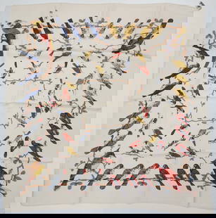 HERMES PARIS "OISEAUX SUR UN FIL" SILK SCARF: HERMES PARIS silk “Oiseaux sur un fil” scarf. This scarf dates from before 1950 therefore is especially rare and sought after. The scarf captures a whimsical scene of birds in various pose