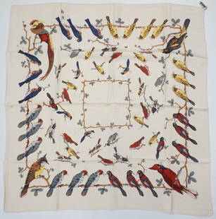 HERMES PARIS "OISEAUX SUR UN FIL" SILK SCARF: HERMES PARIS silk “Oiseaux sur un fil” scarf. This scarf dates from before 1950 therefore is especially rare and sought after. The scarf captures a whimsical scene of birds in various pose