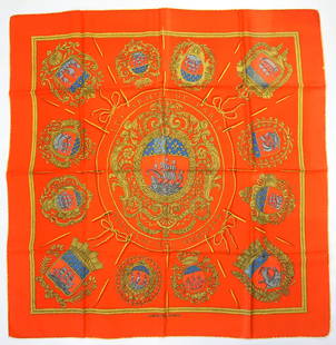 HERMES PARIS "LES ARMES DE PARIS" SILK SCARF: HERMES PARIS silk “les Armes de Paris” scarf. This scarf displays at its center the most well-known emblem of the city of Paris, along with various variations of Parisian symbols, all in g