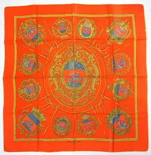 HERMES PARIS "LES ARMES DE PARIS" SILK SCARF: HERMES PARIS silk &#8220;les Armes de Paris&#8221; scarf. This scarf displays at its center the most well-known emblem of the city of Paris, along with various variations of Parisian symbols, all in g