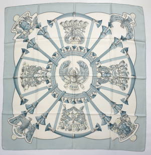 HERMES PARIS "EGYPTE" SILK SCARF: HERMES PARIS silk “Egypte” scarf. The scarf features various antique Egyptian symbols in the shape of jewelry and various Gods/mystical creatures/animals. The center design is of a flying