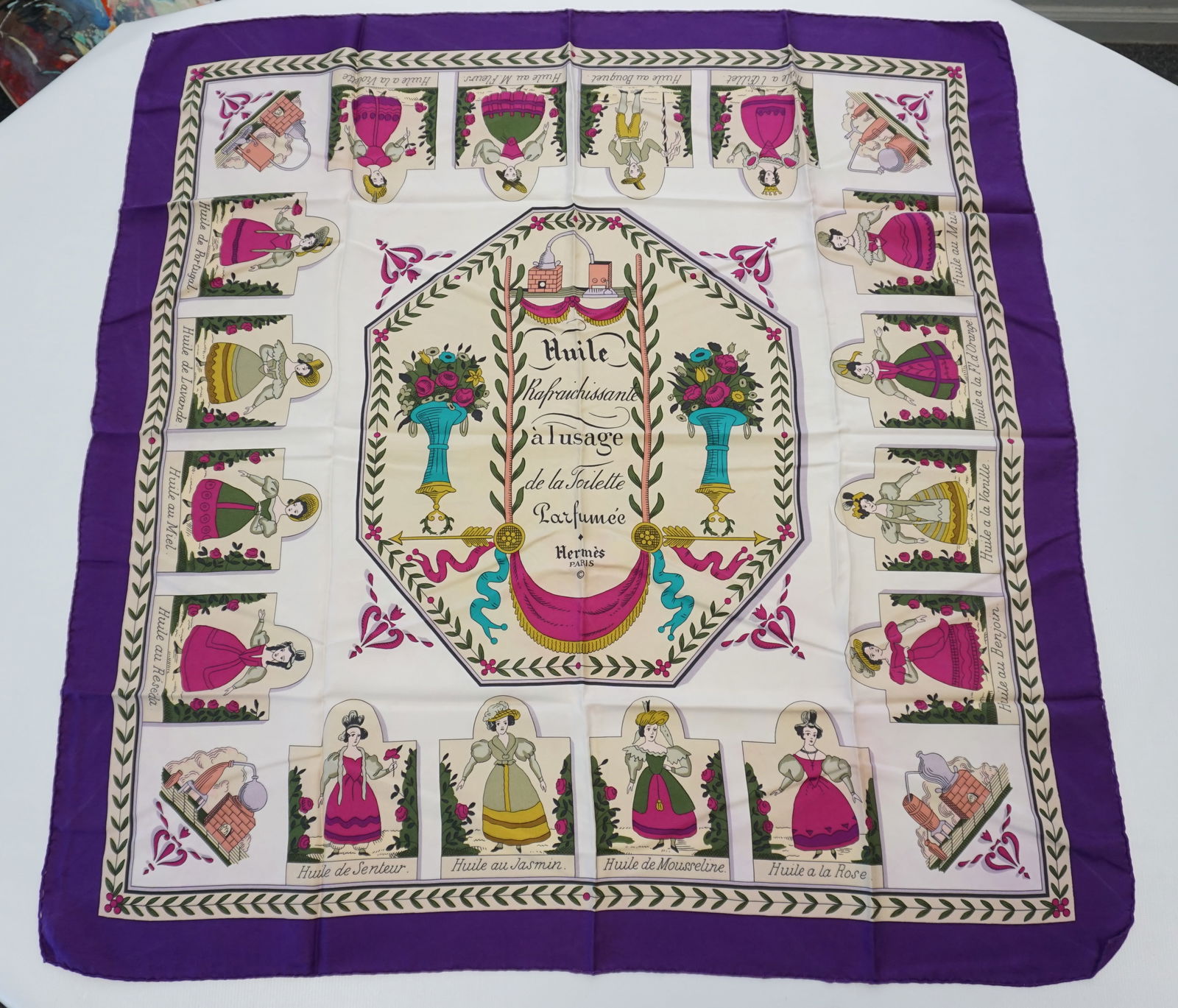 HERMES PARIS "HUILES PARFUMEES" SILK SCARF : HERMES PARIS silk "Huiles parfumees" scarf. The scarf features labels from ancient flagrances and scented oils from the XIXth century and was actually designed by Hermes in 1925, only to be released 5