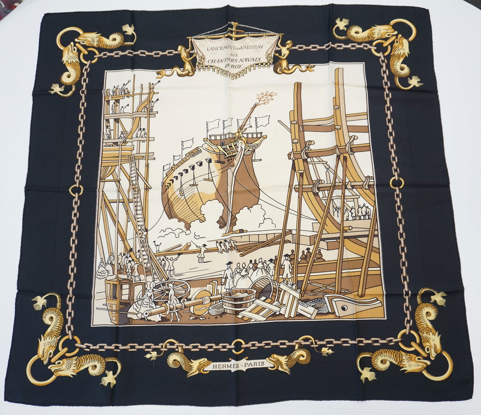 HERMES PARIS "LANCEMENT D'UN VAISSEAU AUX CHANTEIRS NAVALS DU ROY" SILK SCARF (1 of 6)