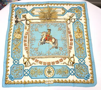 HERMES PARIS "LUDOVICUS MAGNUS" SILK SCARF: HERMES PARIS silk "Ludovicus Magnus" scarf. The scarf displays at its centers a drawing of Louis the XIVth of France and around him are elements representing his power and his impact on the world at h