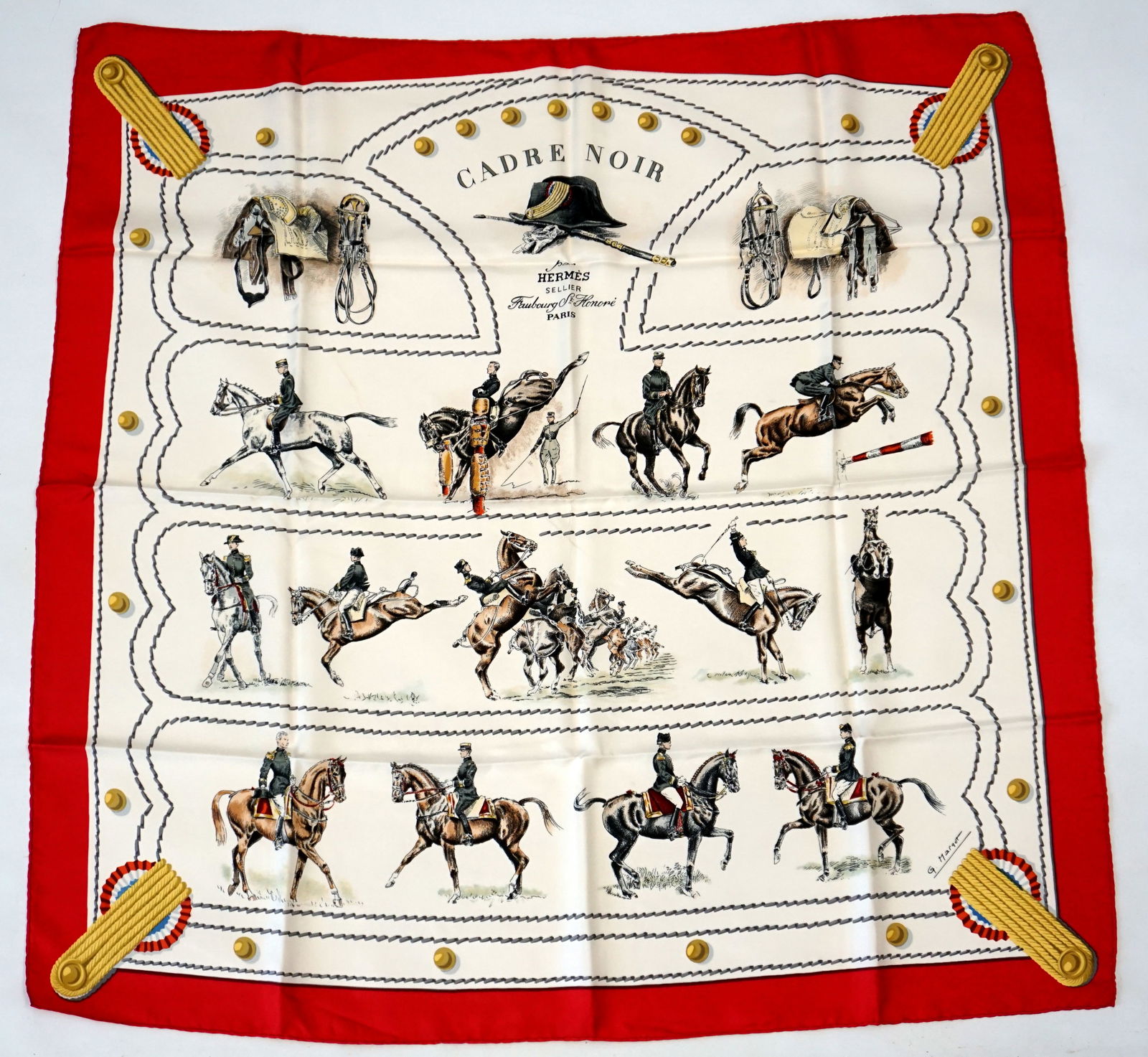 HERMES PARIS "CADRE NOIR" SILK SCARF: HERMES PARIS silk "Feux d’artifice" scarf. This scarf pays homage to the elite teachers of the French National Riding School, the Ecole National d’Equitation at Saumur, founded in 1828 and