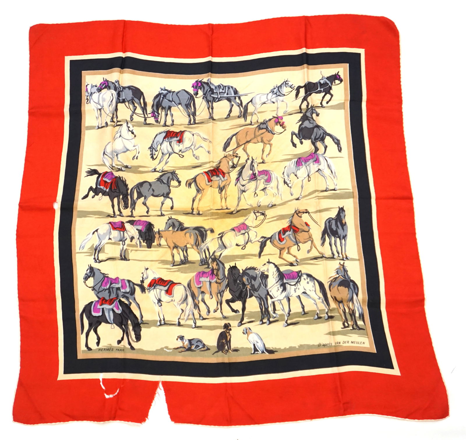 HERMES PARIS "CHEVAUX D'APRES VAN DER MEULEN" SILK SCARF: HERMES PARIS silk "les Chevaux d’apres Van Der Meulen" scarf. For collectors only due to condition. This scarf is very rare being a first and only edition from the 1950s. This scarf features var