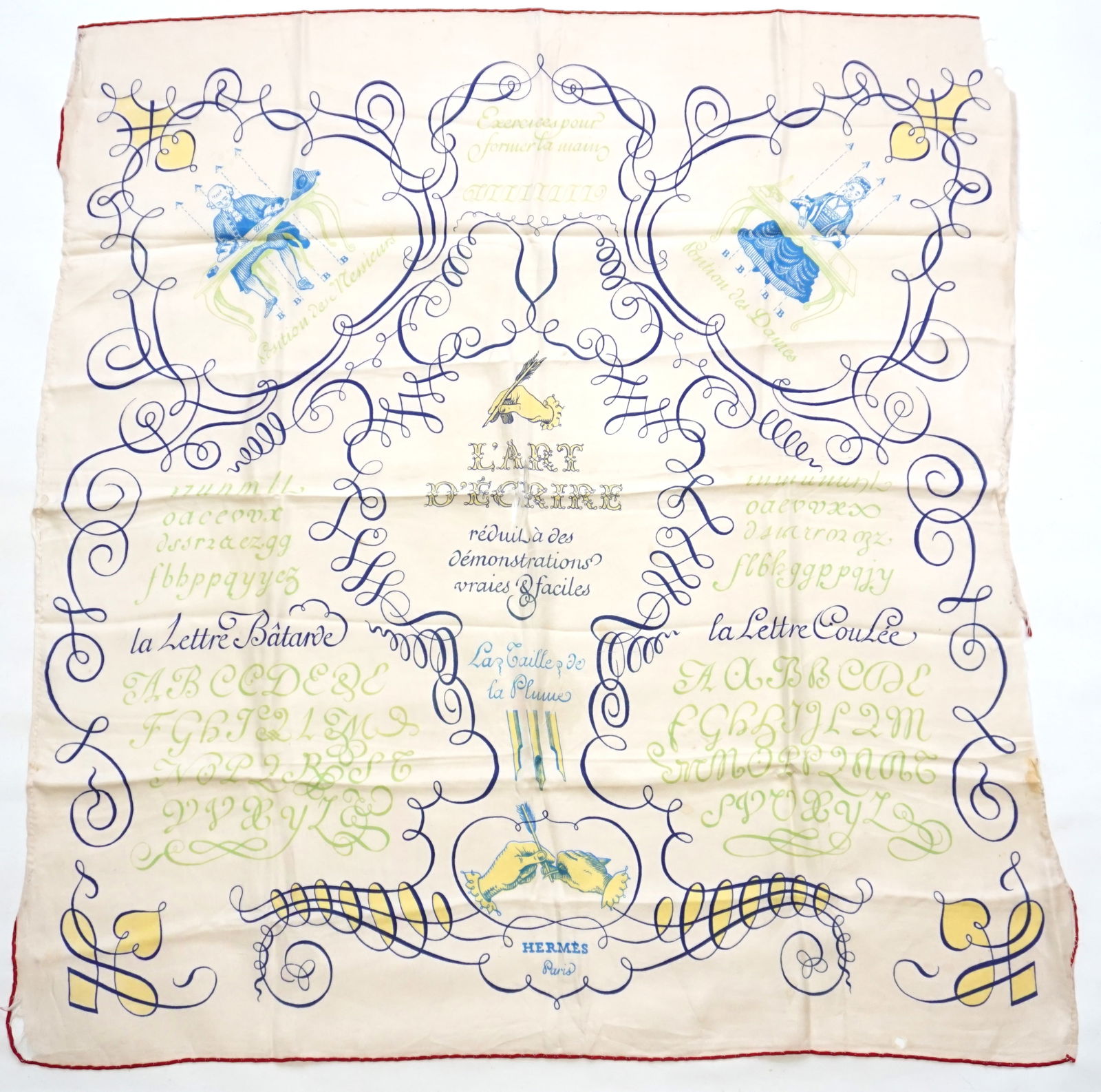 HERMES PARIS "L'ART D'ECRIRE" SILK SCARF: HERMES PARIS silk "l’Art d’ecrire" scarf. For collectors only due to condition. This scarf is very rare being a first edition from the 1950s. This scarf features various French writing exe