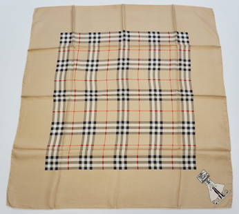 BURBERRY SILK SCARF: BURBERRY silk scarf in emblematic beige check with black and white stripes. Sewn in tag not present. The scarf measures approximately 29.75”