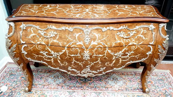 THEODORE ALEXANDERLAURENT BOMBE COMMODE: A magnificent Anglian finish mahogany and marquetry bombé Commode, veneered in Chestnut burl throughout and with fine sycamore scrolling vine marquetry issuing mother of pearl inlaid leaves and f