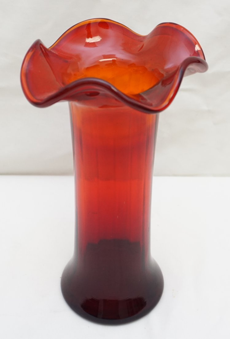 1940s LARGE RUBY OPTIC PANEL AMBERINA RUFFLE VASE (1 of 6)