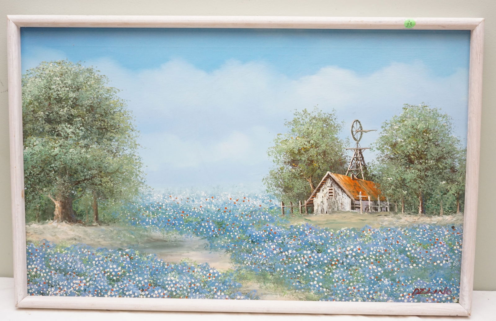 OIL ON CANVAS COUNTRY SCENE: Mid century oil on canvas, painting of blooming flower fields with barn and background. There is crazing to the painting and where from the stretcher. The piece is signed Delino and the lower, right.