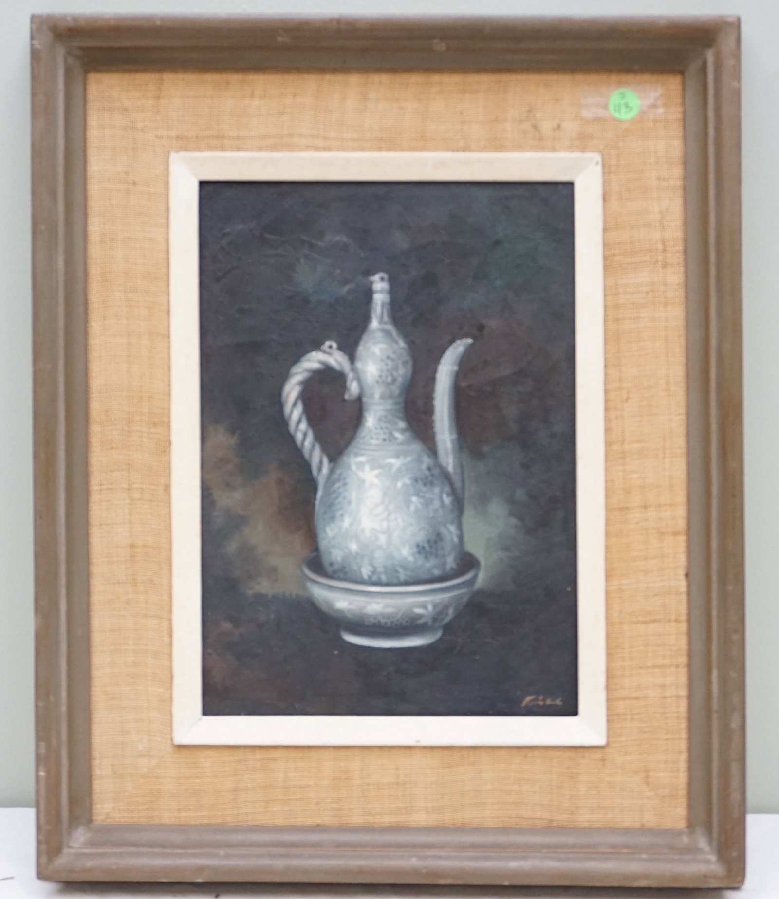 OIL ON CANVAS STILL LIFE OF PTICHER AND BOWL: Vintage oil on canvas still life of picture with bowl underneath. The painting is framed in a fabric lined wood frame. Some scuffs to frame. To back of canvas. The painting is dated 1968 on reverse. C