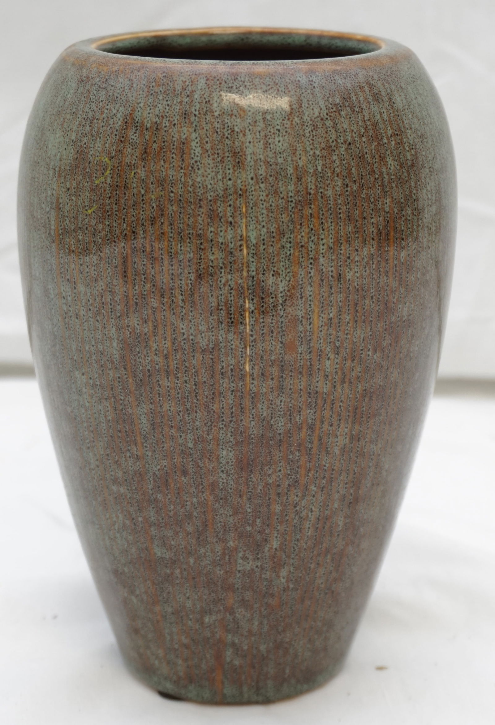 VINTAGE CELADON GLAZED VASE: Vintage 20th c Celadon Glazed Vase with brown. 7". Weight 1 pd 6 oz.