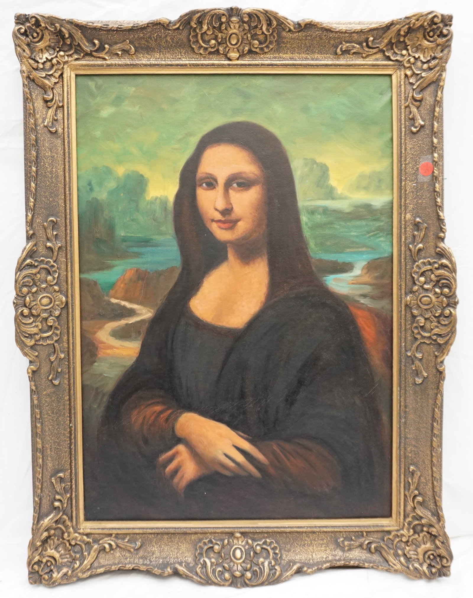 OIL ON CANVAS MONA LISA COPY: Mid Century 1950-1960 Oil on Canvas copy of the Mona Lisa. In frame 31"x23"x2". Weight 6 pds. PROVENANCE: A Charleston Private Estate.