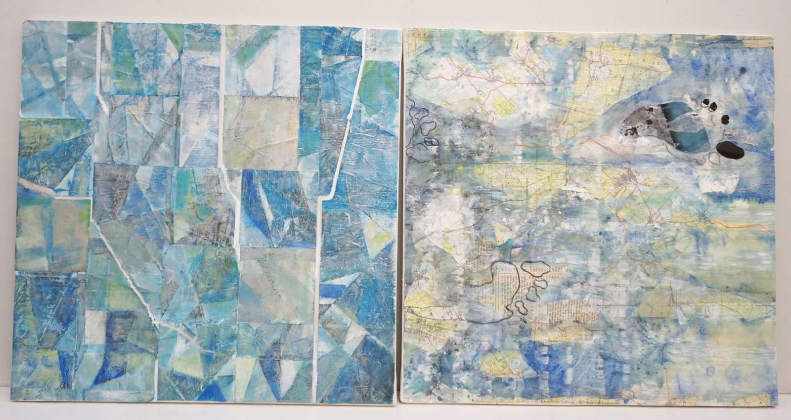 2 DANIELLE PERUCCA CONTEMPORARY MIXED MEDIA PAINTINGS: A pair of Danielle Perucca Contemporary Mixed Media Paintings in blues and greens. Danielle Perucca lives and works in Cagnes sur mer and has participated in many group and personal exhibitions in the