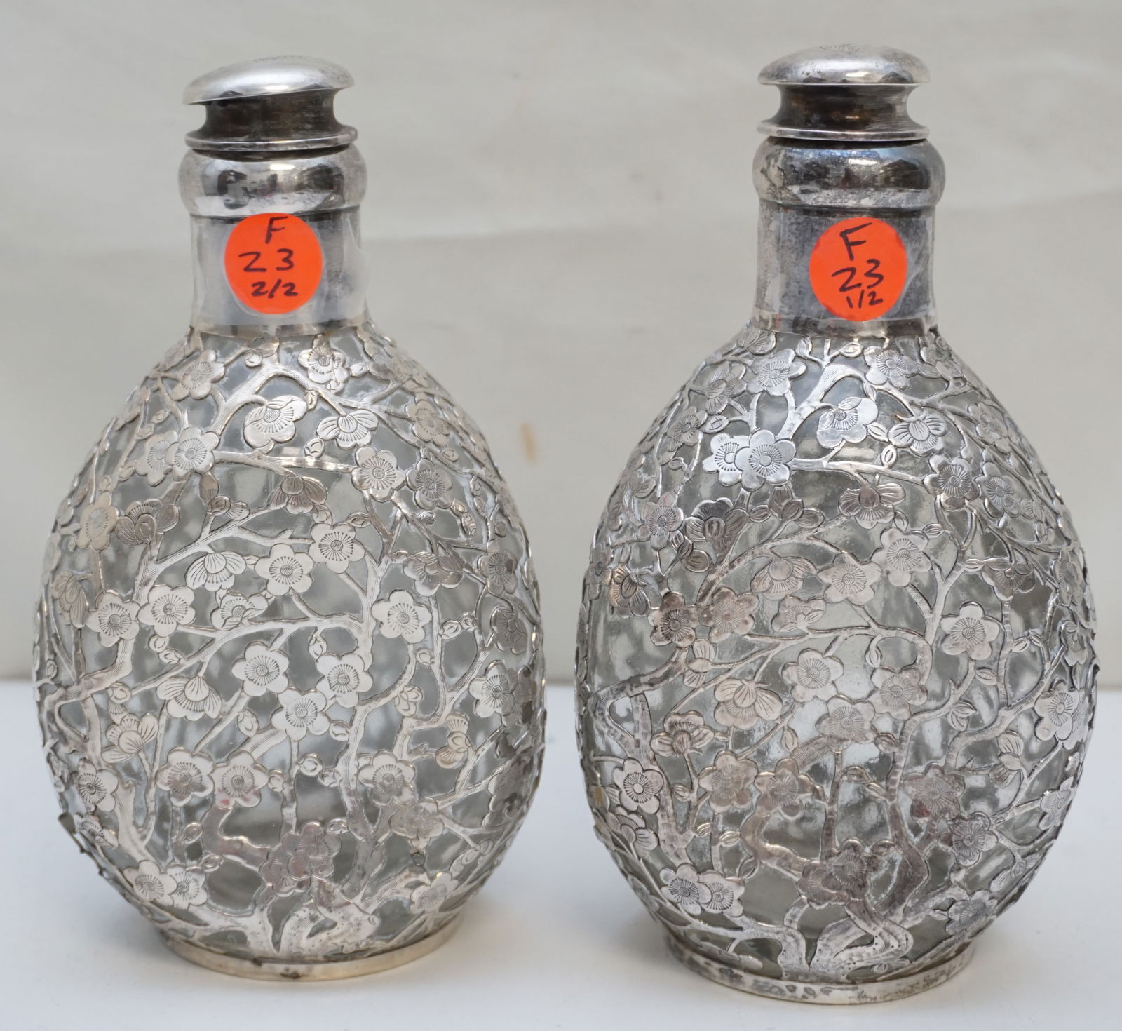 ANTIQUE CUT GLASS DECANTERS WITH STERLING SILVER OVERLAY (1 of 7)