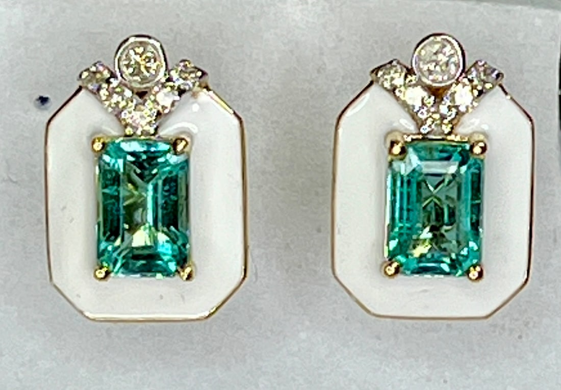 14KT GOLD EMERALD, DIAMOND & ENAMEL EARRINGS (1 of 4)