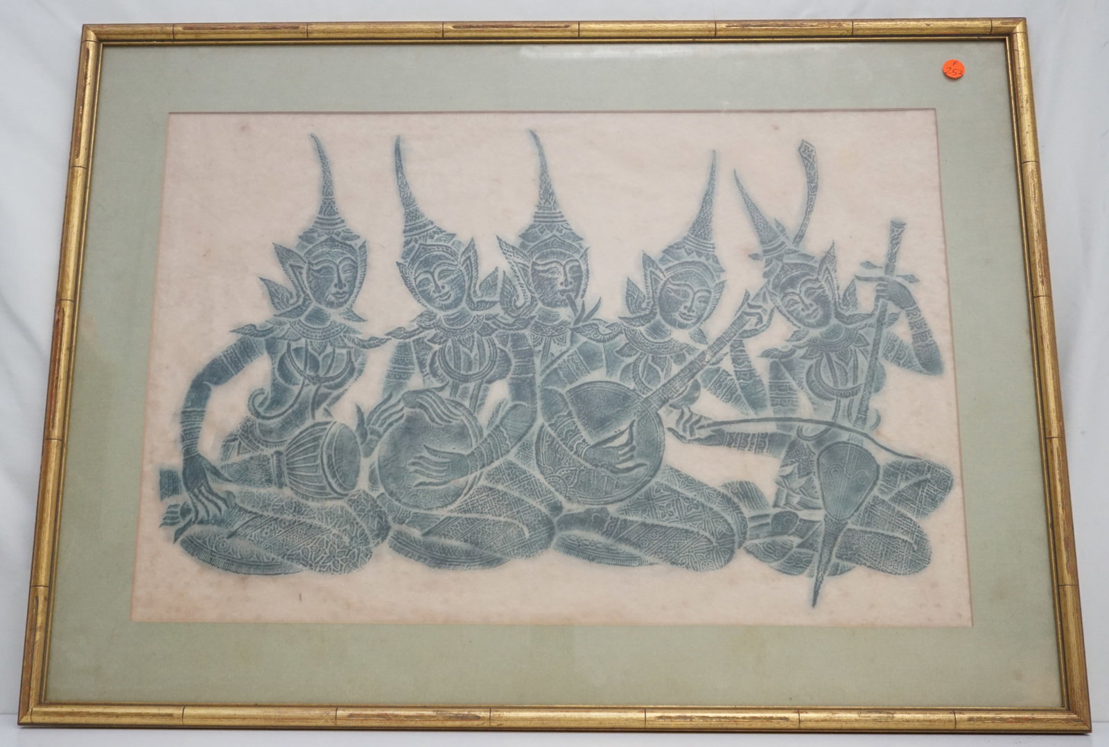 TIBETAN TEMPLE RUBBING: This Tibetan temple rubbing on rice paper is an evocative piece capturing the essence of Tibetan spiritual art. Set in a bamboo-style frame, it's a blend of cultural history and artistry. Measurements