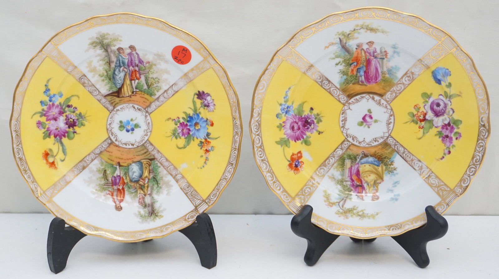 PAIR DRESDEN HAND PAINTED SALAD PLATES: These two Dresden hand-painted salad plates measure 8.5" across, showcasing exquisite craftsmanship. Signed "Dresden Germany", they evoke the region's rich porcelain heritage.