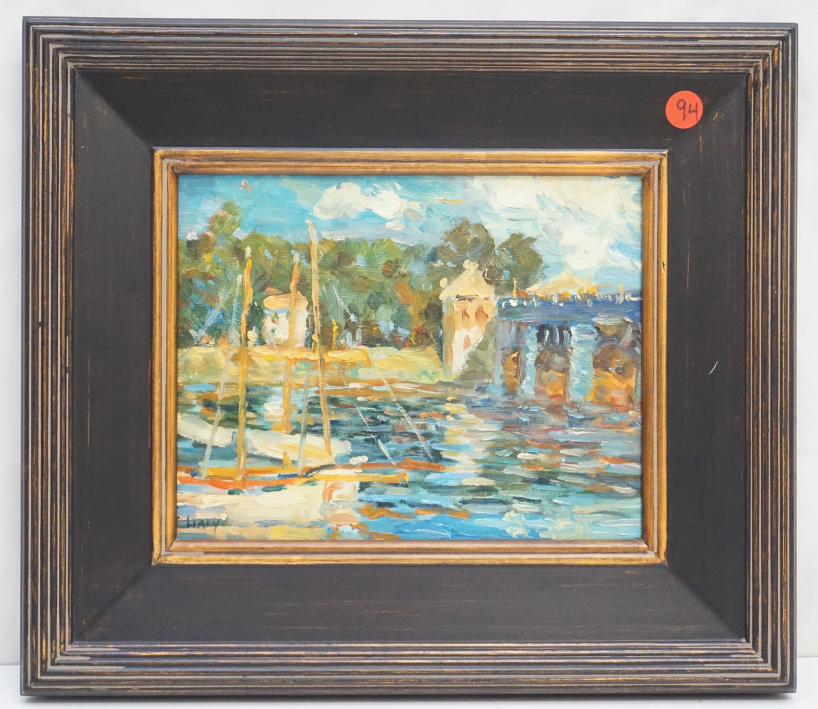 SMALL SHIP IN HARBOR OIL ON CANVAS (1 of 4)