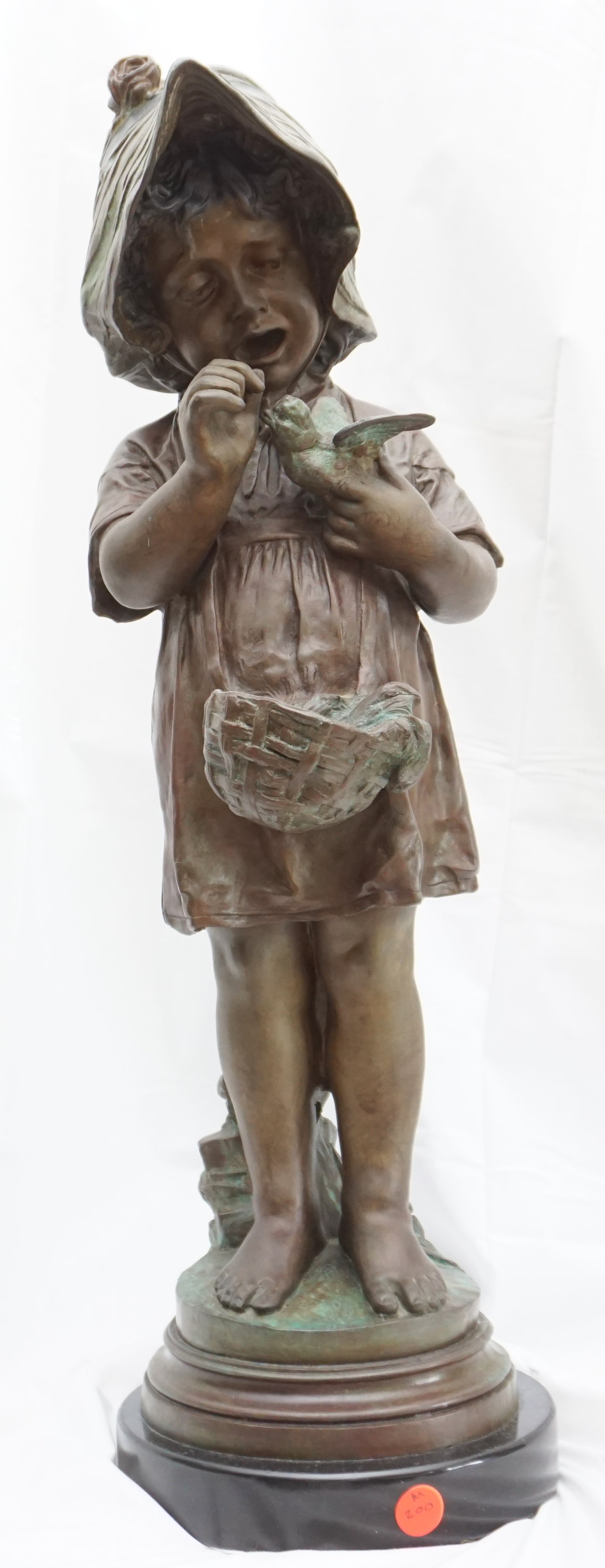 BRONZE STATUE GIRL FEEDING BIRDS ON MARBLE BASE (1 of 7)