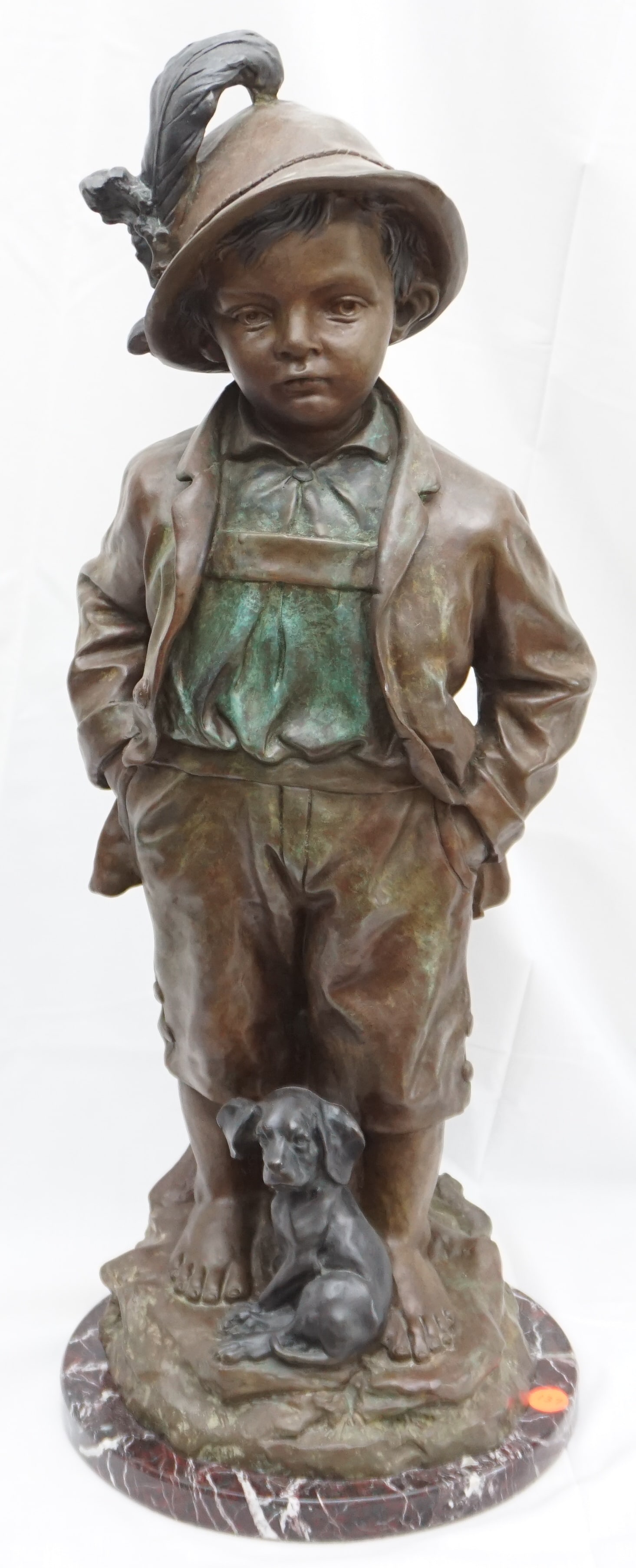 BRONZE BOY WITH PUPPY STATUE ON MARBLE BASE (1 of 7)