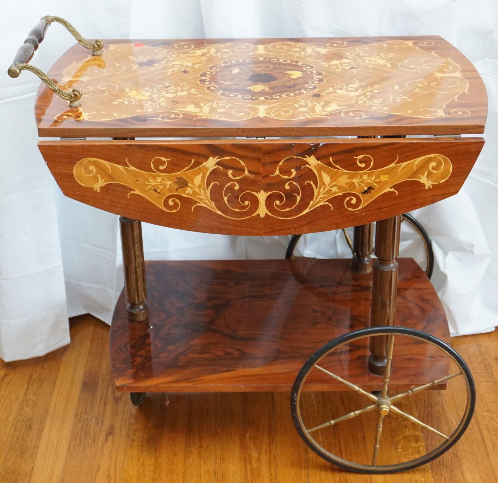 INLAID WOOD DROP LEAF BAR CART WITH FLORAL DESIGN (1 of 5)