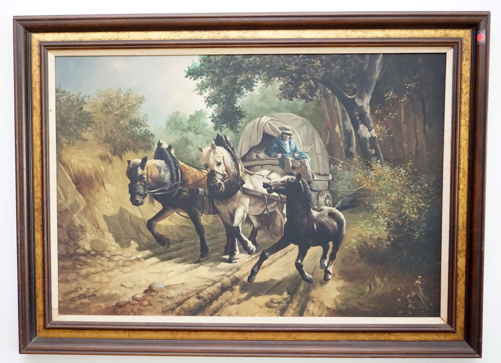LARGE OIL ON CANVAS MAN WITH HORSE CARRIAGE (1 of 4)