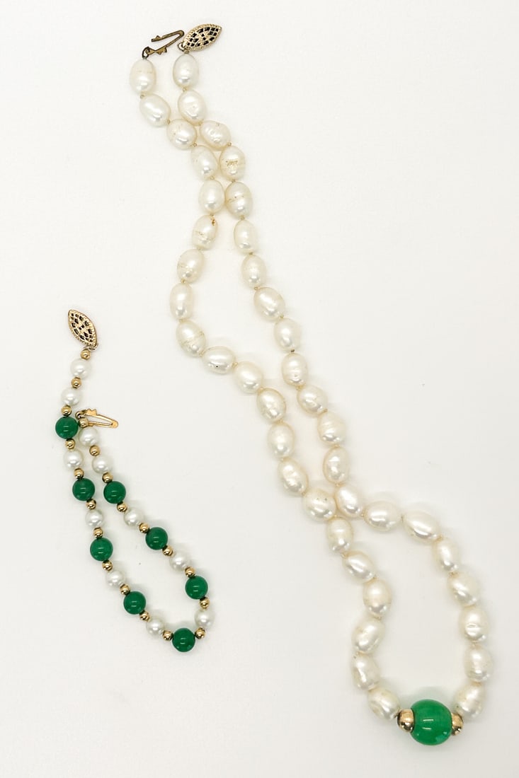 FRESHWATER PEARL & JADEITE NECKLACE/BRACELET SET (1 of 4)