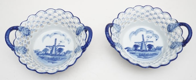 BLUE AND WHITE PORCELAIN BASKETS WITH WINDMILL ARTWORK