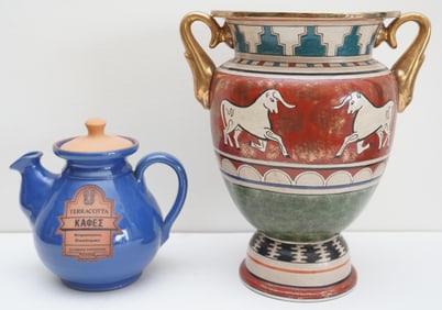 TWO GREEK VASES, ONE RED AND ONE BLUE