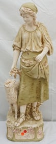 CERAMIC STATUE WOMAN WITH LAMB ON SQUARE BASE