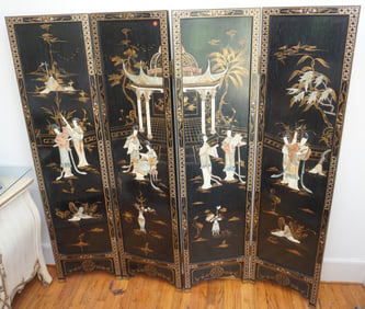 FOUR PANEL CARVED RELIEF HANDPAINTED ASIAN SCREEN