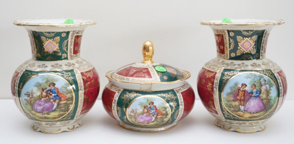 SET OF TWO VASES AND ONE LIDDED JAR