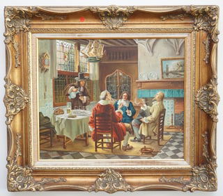 VINTAGE OIL ON CANVAS SCENE OF MEN SMOKING PIPES