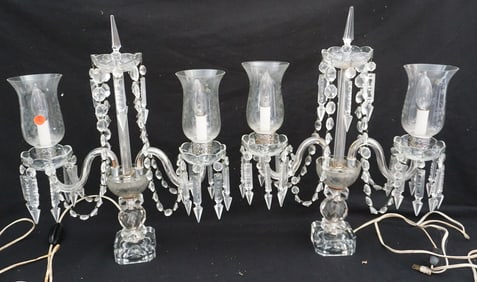 PAIR TWO LIGHT CRYSTAL CANDELABRA LAMPS