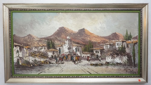 FRAMED OIL ON CANVAS OF A VILLAGE SCENE