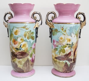 SET OF TWO LARGE PINK AND BLACK VASES