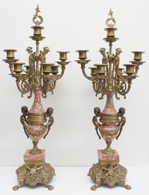 SET OF TWO CANDELABRAS, PINK STONE AND BRONZE