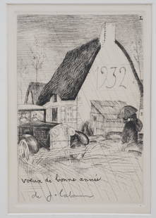 "L'AUTO SOUS LA PLUIE" ETCHING BY LABOUREUR: "L'Auto sous la Pluie," by Jean Emile Laboureur, is a 1932 etching, a snapshot capturing the essence of a rainy day with a vintage automobile. Numbered within a limited edition series and signed in pe