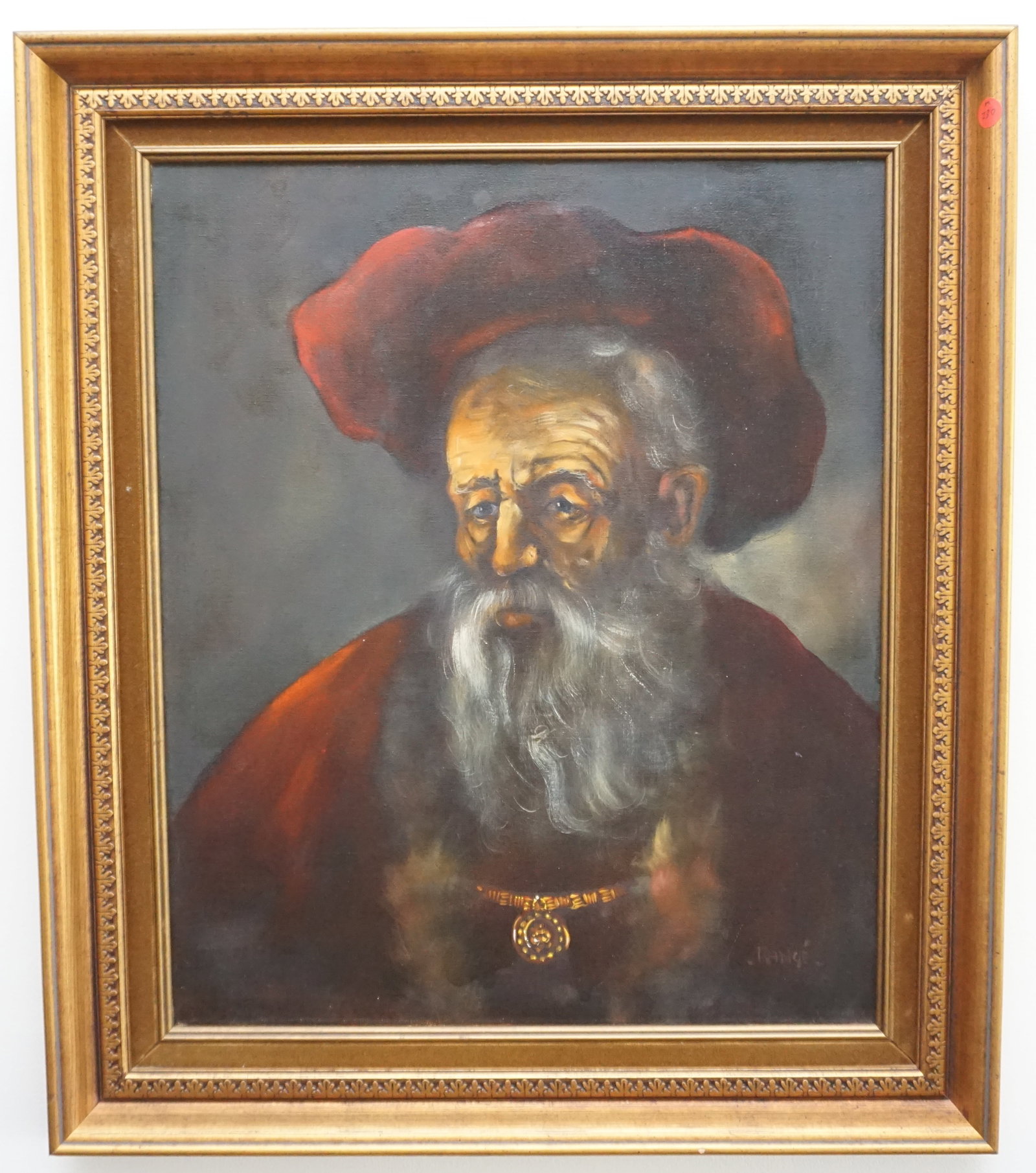 VINTAGE OIL ON CANVAS PAINTING OF ELDERLY MAN: Vintage oil on canvas painting of an elderly man in a red cloak and hat. The man is portrayed with a contemplative expression, set against a dark background that emphasizes his thoughtful demeanor. In