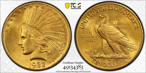 1932 Indian Head $10 Gold Eagle Coin: This exquisite 1932 Indian Head $10 Gold Eagle coin is a remarkable piece of American numismatic history. Featuring the iconic design by sculptor Augustus Saint-Gaudens, the obverse showcases Lady Lib